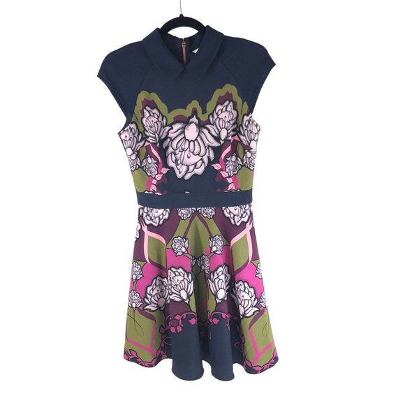 Ted Baker London Daywin Tapestry Shirt Dress Navy Blue Pink Colorful 1 US 4